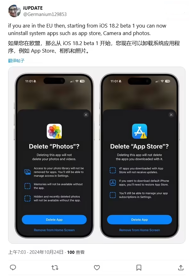 广丰苹果手机维修分享iOS 18.2 支持删除 App Store 应用商店 