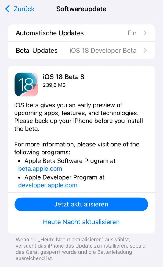 广丰苹果手机维修分享苹果 iOS / iPadOS 18 开发者预览版 Beta 8 发布 